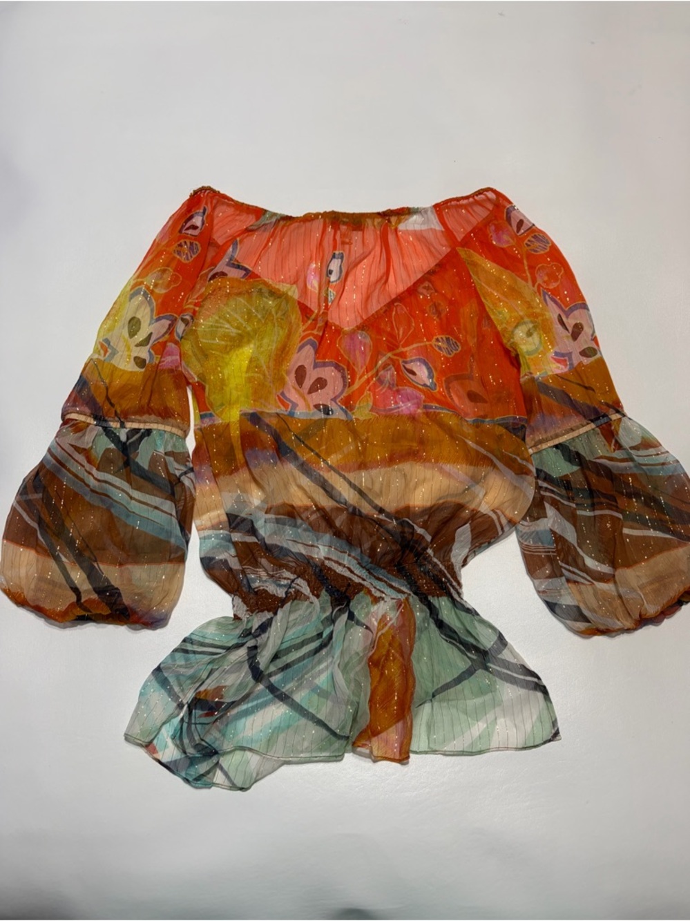 Y2K Caché Silk Balloon Sleeve Top Beads 90s 2000s Boho Colorful Sz M - Picture 6 of 8